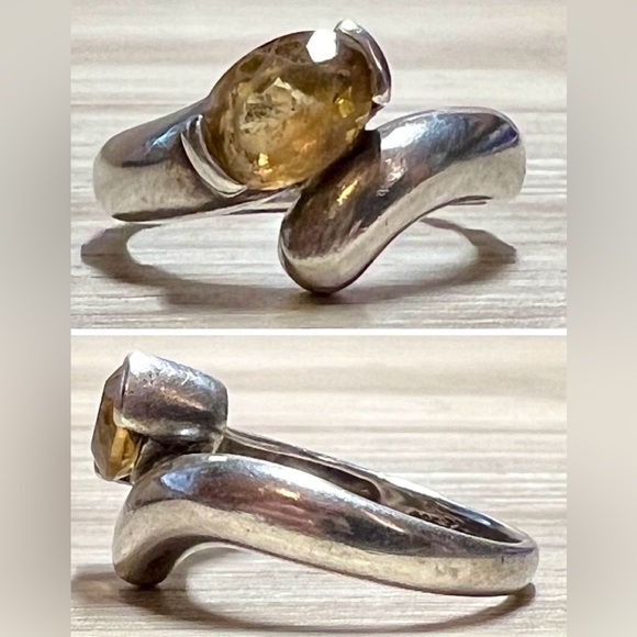 Vintage Handmade Designer Sterling Silver Honey Citrine Bypass Ring, Size 7.25 - Picture 1 of 10